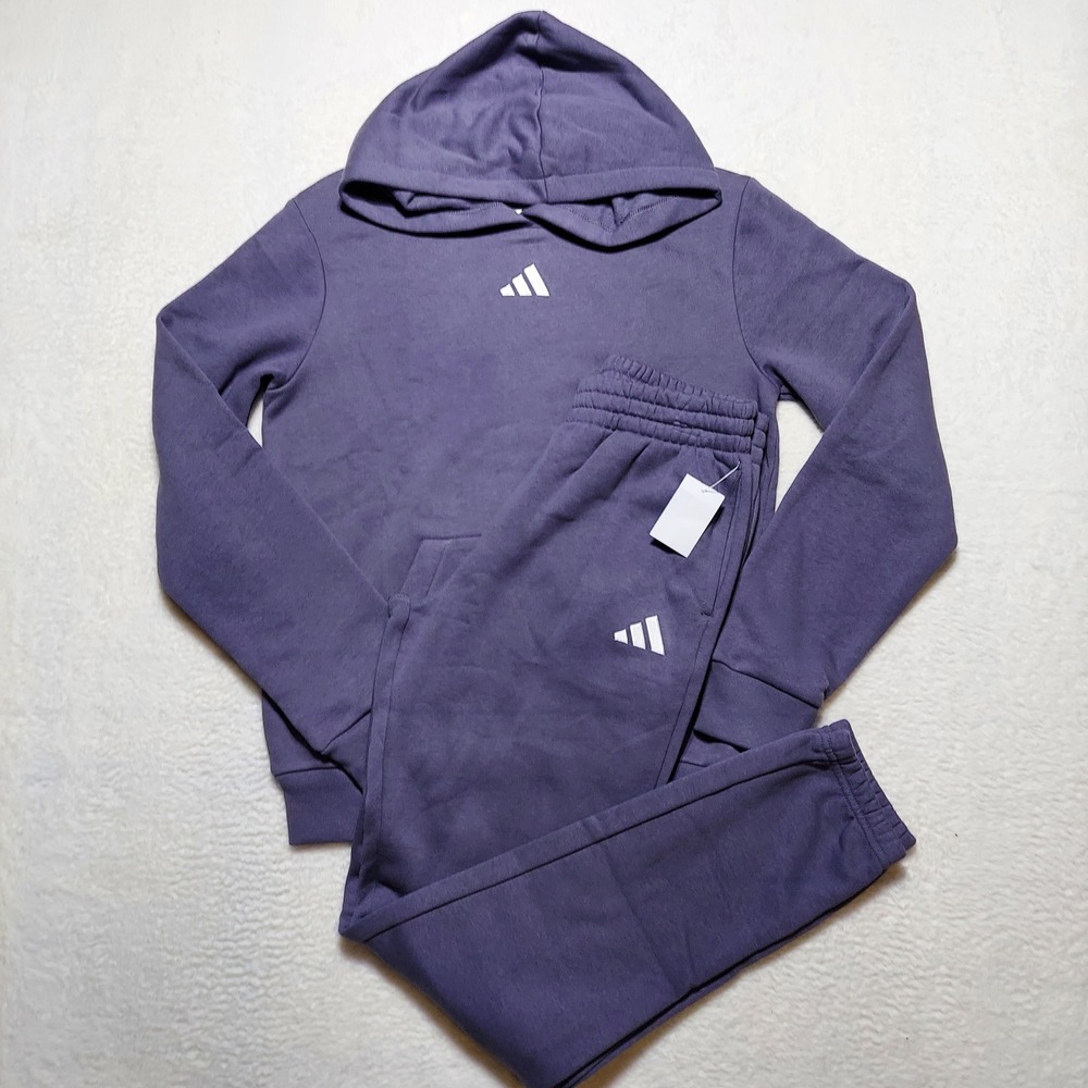 Adidas 2 Piece Hoodie and Jogger Set Girls Size L Purple Fleece Tracksuit